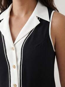 Juhart 大码优雅撞色拼接翻领无袖衬衫女式背心领上衣黑白上衣 - 彩色 - 查看 3