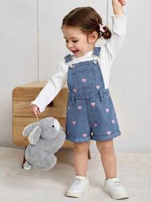 Baby Girl Heart Embroidery Pocket Casual Versatile Daily Wear Denim Bib Shorts - Medium Wash - View 6