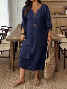 Breezaya Plus Size Casual Solid Color Dress Fall - Navy Blue - View 4
