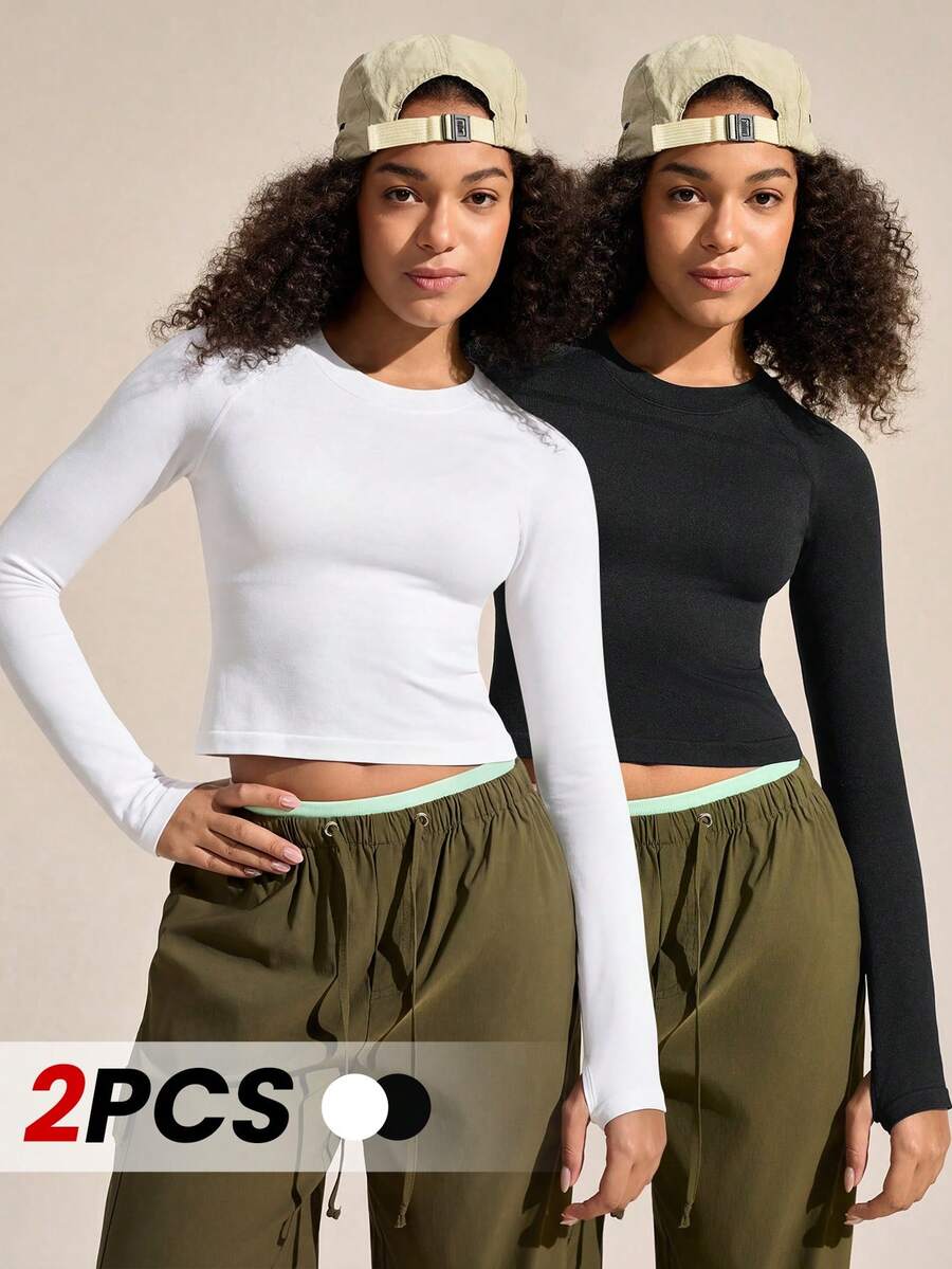 Exploreva Camiseta de manga larga para yoga al aire libre para mujeres; Camiseta de entrenamiento de Pilates y fitness; Diseño de puño con agujero para el pulgar; Camiseta de manga larga ajustada para correr - Multicolor - Ver 1