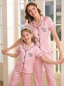 SHEIN 2pcs Girls Casual Striped Jacquard Heart Embroidery Comfortable Short Sleeve Cardigan And Pants Homewear Set - Multicolor - View 7