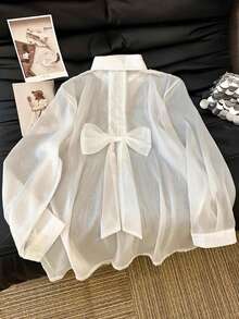 GlowEve CURVE Áo sơ mi mỏng trong suốt màu trắng cỡ lớn có nơ - trắng - Xem 1