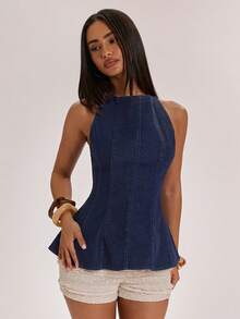 SHEIN BAE Elegant & Fashionable Indigo Denim V-Neck Ruffle Sleeveless Denim Top, Suitable For Casual, Daily Wear, Commute, Hangout With Friends And More Occasions In Spring/Summer - Medium Wash - View 4