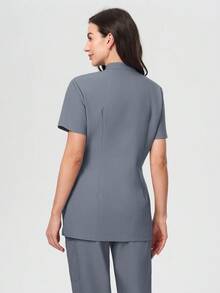 Scrubzie 女士防皱立领长款撞色领带护士服上衣 - 灰色 - 查看 2