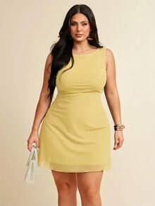 SHEIN BAE Đầm lưới không tay cỡ lớn dành cho nữ, thích hợp cho mùa xuân/hè. - Vàng nhạt - Xem 4