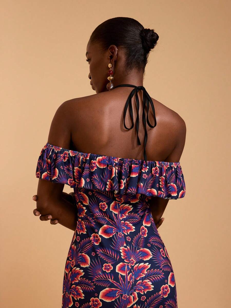 JIAN LASALA All-Over Print Floral Sleeveless Halter Women Casual Dress Off Shoulder - Multicolor - View 1