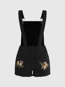ROMWE Spring & Summer Fairycore Mushroom Embroidered Frayed Hem Denim Overalls And Jumpsuit For Women - Black - View 2