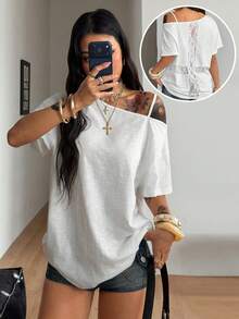 Coolane Áo thun nữ mùa hè phong cách Y2K Hip-Hop vintage streetwear dệt kim họa tiết số và ngôi sao, co giãn, thoải mái, cổ bất đối xứng, màu xanh navy, tay ngắn, dáng rộng, thích hợp cho lễ hội âm nhạc. - trắng - Xem 4