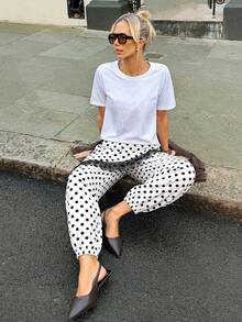 Siren Gaze 女士休闲复古优雅度假风波点印花撞色蕾丝松紧腰裤 - 白色 - 查看 3