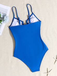 SHEIN Maiô de uma peça com decote em U e detalhes metálicos, cor sólida, ideal para meninas pré-adolescentes, perfeito para férias de verão na praia e para nadar. - Azul - Ver 2