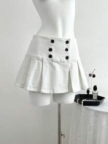 Elamini Fashionable Wide Waist Pleated Washed Versatile Denim Mini Skirt - White - View 7