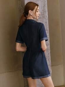 Anewsta Women's Elegant Navy Blue Summer Casual Jumpsuit, Short Sleeve Shirt Collar, Metal Buckle, Adjustable Cinched Waist, Dual Pockets, Mother's Day Vacation Wear - Navy Blue - View 2