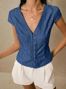 Poéselle Áo denim cổ chữ V nữ, kiểu dáng thường ngày, đa năng, thích hợp mặc hàng ngày. - Rửa tối - Xem 7
