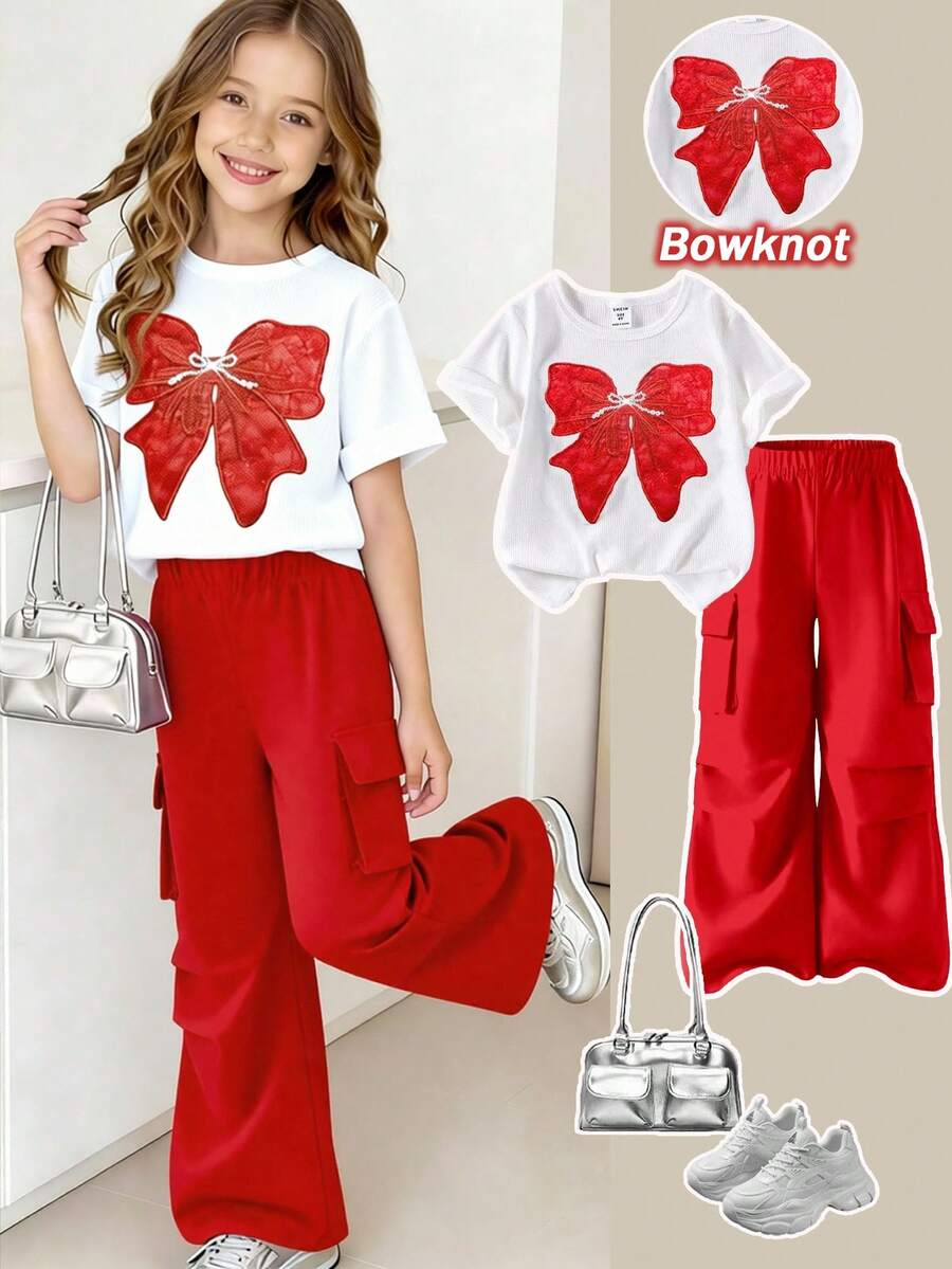 SHEIN ChillGRL Bộ 2 món cho bé gái tuổi teen, áo thun và quần cargo, áo thun cổ tròn tay ngắn thêu nơ và quần, trang phục thời trang cho mùa xuân/hè. - Đỏ - Xem 1