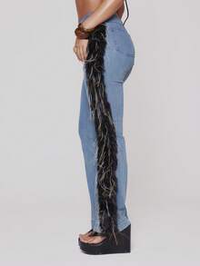 MUSERA Quần jeans ống loe ôm sát bên hông, viền lông giả, phong cách mùa xuân hè, lễ hội, gợi cảm, kỳ nghỉ ở Ibiza, phong cách cao bồi Y2K, phá cách. - Rửa trung bình - Xem 2