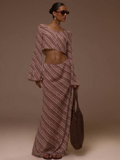 MUSERA Button Through Flowy Cropped Crewneck Blouse Coord Top Only Summer Spring Sexy Cute Holiday Vacation Going Out Occasion Ibiza Elegant Sunset Ties