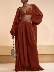 Zivah Women's Solid Color Robe And Elastic Waist Pants Casual Vacation Coverup Set Summer Beach - Redwood - View 7