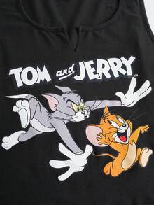 TOM & JERRY X SHEIN Áo tank top nữ cổ chữ V in hình hoạt hình, kiểu dáng thường ngày. - màu đen - Xem 5