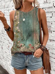 SHEIN LUNE Áo hai dây và áo tank top mùa hè cỡ lớn dành cho nữ, kiểu dáng bohemian tối giản, thanh lịch, họa tiết hoa màu xanh lá cây cổ điển, phù hợp cho các lễ hội âm nhạc, trang phục đi biển, kỳ nghỉ. - Nhiều màu - Xem 2