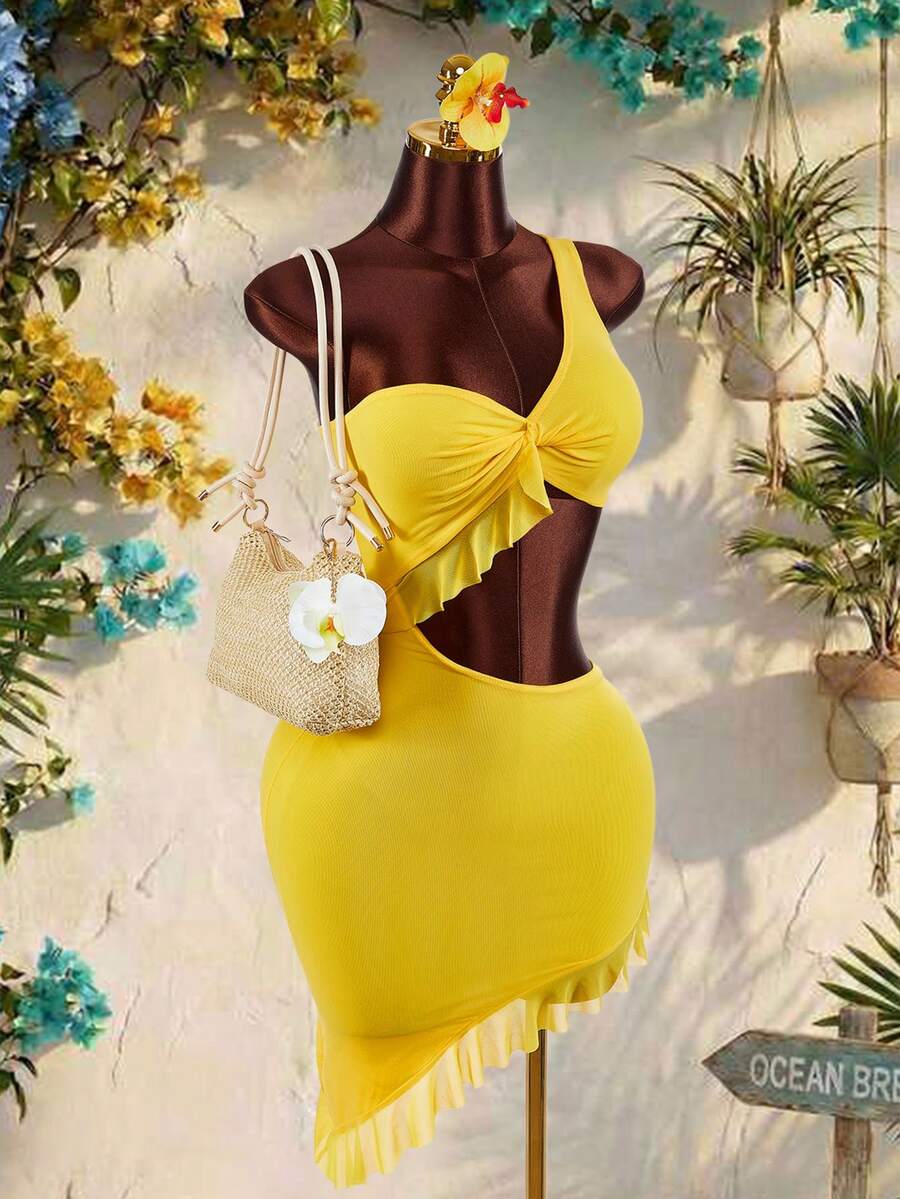 Amplova Đầm nữ mới, kiểu dáng xoắn phía trước, cổ khoét sâu, một vai, vạt bất đối xứng, thích hợp cho kỳ nghỉ và tiệc tùng. - Màu vàng - Xem 1