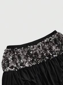 ROMWE Summer Y2K Rave Music Festival Outfit, Patchwork Sequin Asymmetrical Hem Mini Skirt - Black - View 3