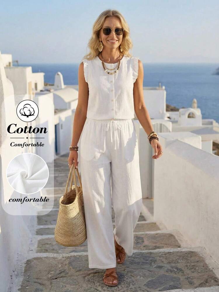 Women's Solid Color Round Neck Single-Breasted Top And Drawstring Waist Wide Leg Pants Casual 2-Piece Set Going Out Outfit Two Pieces Set For Women Summer Sets Matching Sets For Women Casual Women Outfits 2-Piece Going Out Sets For Women White Casual Sets For Women Summer Outfit For Women Women Vacation Outfit Sets Women's Summer Outfits Cotton Women's Clothes Women Casual Outfits Women's Summer Co Ord Country Concert Outfit