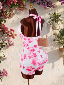 Amplova Bộ jumpsuit ngắn ôm sát họa tiết hoa lan xanh, thích hợp cho kỳ nghỉ xuân sớm 2026, dự tiệc và các buổi tụ họp. - Hồng - Xem 2