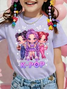 Girls' Casual Cute Cartoon Virtual Idol, Ice Cream, Butterfly, Star, Heart Graphic Tee, Comfortable Daily Wear, Suitable For Spring, Summer, Autumn - Purple - View 6