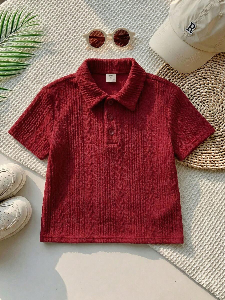 SHEIN 1pc Young Boys Textured Polo Shirt,Summer 80s Retro Short-Sleeved Casual Top For Kids,Matching Family Vacation Outfit,Back To School Burgundy Tee - Multicolor - View 1