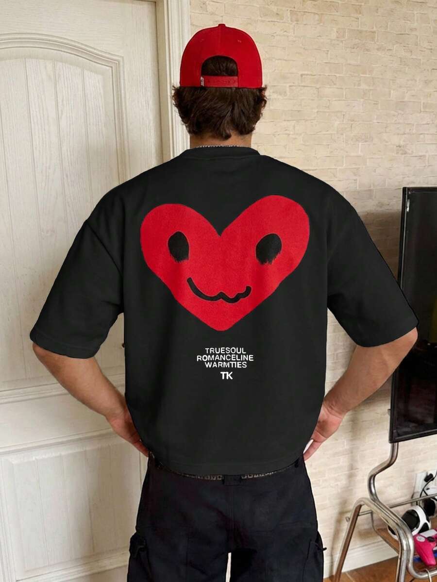 Manfinity Hypemode Men's Casual Heart Print Short Sleeve T-Shirt - Black - View 1