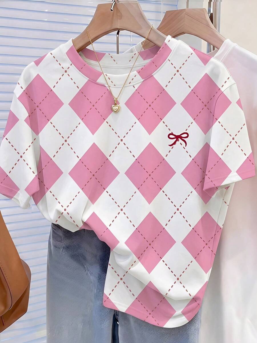 Girls' Oversized Short Sleeve Top, Rhombus Element Digital Print Fashion Casual, Round Neck Short Sleeve T-Shirt Comfortable And Versatile, Suitable For All Seasons - White - View 1