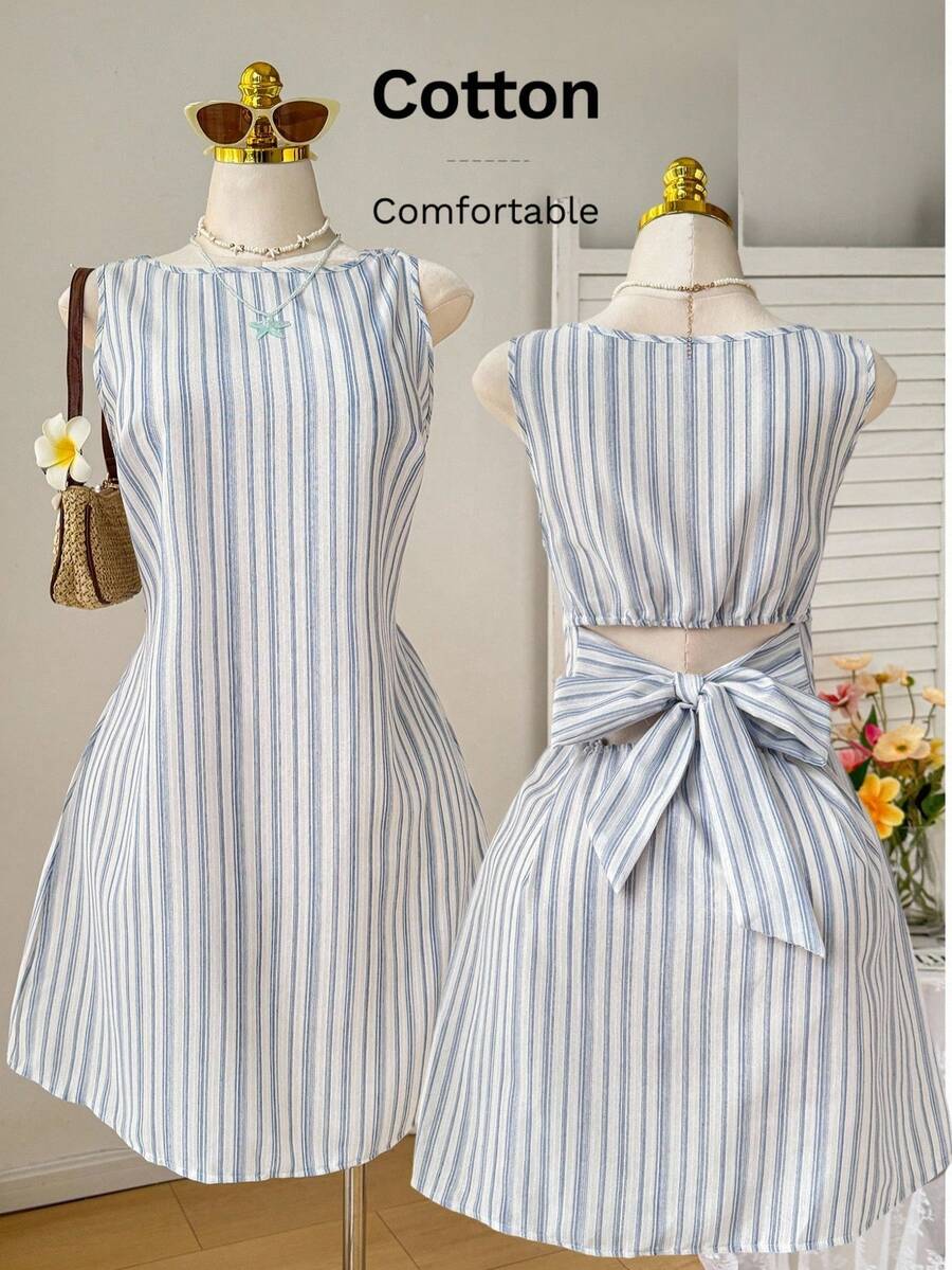 Comfortcana Đầm cotton dáng suông không tay kẻ sọc xanh trắng, cỡ lớn, kiểu dáng thường ngày đi nghỉ mát, có nơ phía sau, thích hợp cho mùa xuân/hè. - Xanh và trắng - Xem 1