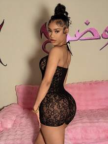 EgrlEra Bộ jumpsuit nữ màu đen gợi cảm, phối ren chéo, chất liệu jacquard. - màu đen - Xem 5
