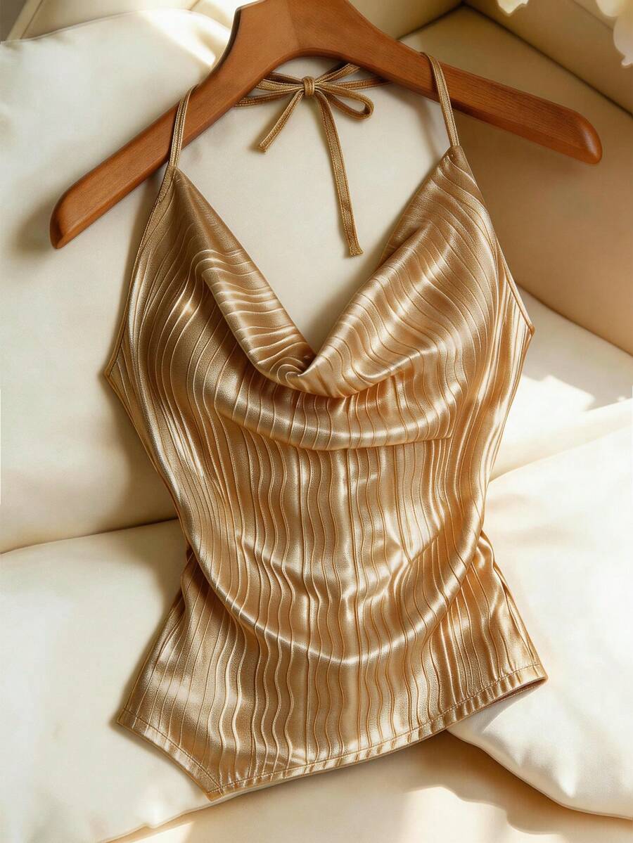 SHEIN Franclia 女士新款优雅性感无袖露背吊带背心，适合办公室/休闲/海滩/通勤/浪漫/派对/生日/音乐会/情人节/狂欢节等场合，纹理面料，卡其色 - 卡其色 - 查看 1
