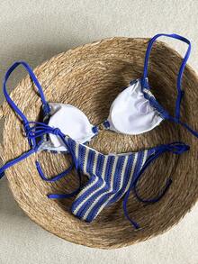 Swim Mod Set de 2 piezas: Top de tirantes finos con decoración de perlas y metal y shorts de natación con lazada lateral, traje de baño para vacaciones de verano en la playa - Multicolor - Ver 2