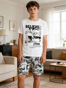 Teenage Boys' Mecha/Armor Warrior Print Short Sleeve Snug Fit Pajama Set - Multicolor - View 3