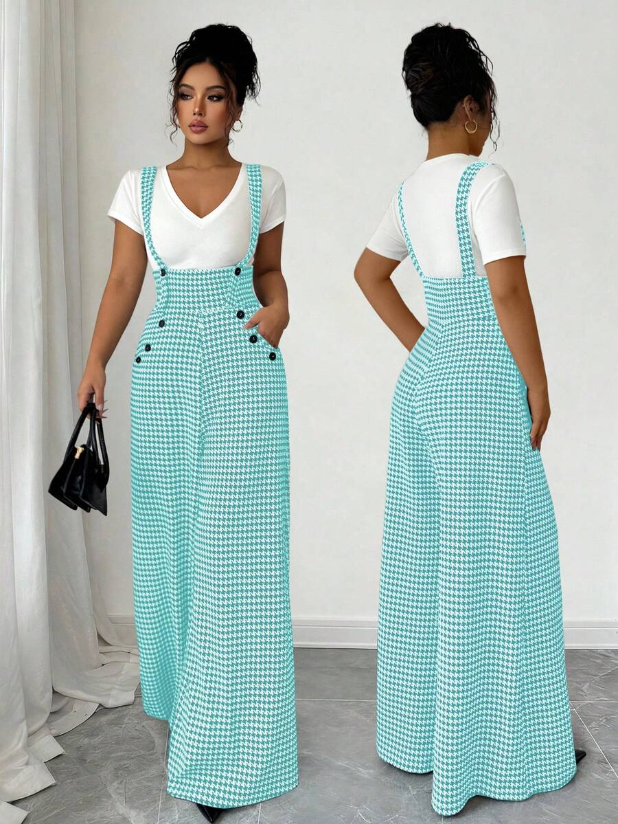 Elenzga Women's Houndstooth Suspender Straight Leg Jumpsuit - Mint Green - View 1