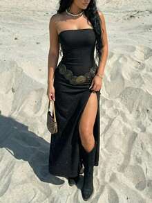 SHEIN EZwear 亮黑色吊带迷你连衣裙（女款） - 黑色 - 查看 8