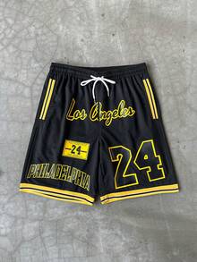 PAVTROS Plus Size Men's Loose Letter & Striped Print Basketball Shorts Football - Black - View 4