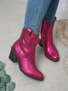 Black Cowboy Short Boot With Reptile Texture - Pink - View 2