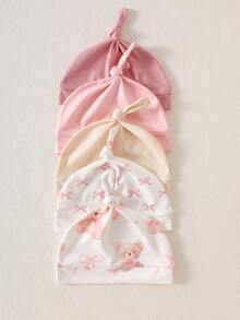 SHEIN 新生女宝宝四件套，包括短袖连体衣、裤子、帽子，粉色蝴蝶结印花，粉色小熊蝴蝶结图案，杏色，浅粉色，连体衣底部按扣设计，方便穿脱，面料柔软舒适，适合作为新生儿礼物或婴儿洗礼礼物。 - 粉色 - 查看 7