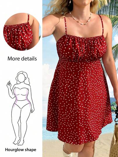 Hourglow Vestido de tirantes con pliegues y lunares para mujer de talla grande, adecuado para vacaciones de verano de talla grande, vestido de playa de talla grande para mujeres con figura de reloj de arena
