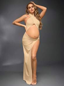 Cheriluna Maternity 孕妇纯色交叉镂空侧开衩吊带连衣裙 - 杏色 - 查看 4