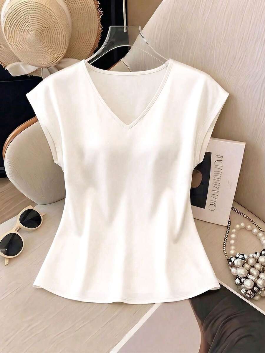 Resyla Kaos Wanita Lengan Pendek Leher V Bahan Satin Kasual Serbaguna, Musim Semi/Panas - Putih - View 1