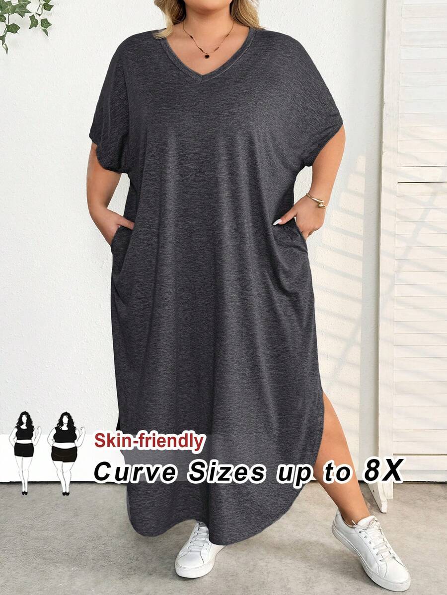 SHEIN CURVE+ 大码女装春夏新款时尚通勤休闲口袋设计分体睡袍 - 黑色 - 查看 1