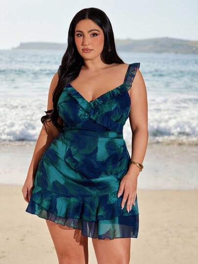 SHEIN BAE Plus Size Women's V-Neck Ruffled Asymmetrical Hem Fitted Sleeveless Midi Chiffon Dress, Spring/Summer,Summer Dresses For Women,Easter Dress Women,Elegant Dresses For Party,Beach Outfits For Women,Beach Outfits,Wedding Guest Dress For Women,Graduation Outfit For Mother,Casual Women's Dresses,Vacation Outfits Women,Summer Holiday Outfits,Y2K,Ruffle Dress,Ruffle Skirt ,Floral Dresses For Women,Green Dress,Dress Plus Size Women,Western Outfits For Women,Going Out ,Birthday Dresses For Women,St Patri