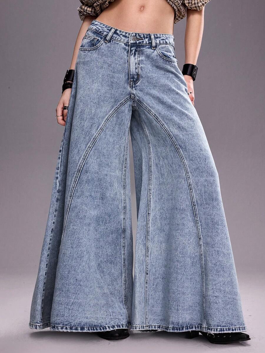 ROMWE Jeans de tiro bajo para mujer con patchwork y pernera extra ancha - Azul - Ver 1