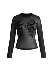 ROMWE Plus Size Gothic Bat Wing Flocked Texture Sexy Cutout Long Sleeve Top For Women - Black - View 1