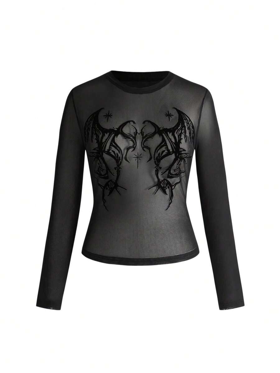 ROMWE Plus Size Gothic Bat Wing Flocked Texture Sexy Cutout Long Sleeve Top For Women - Black - View 1