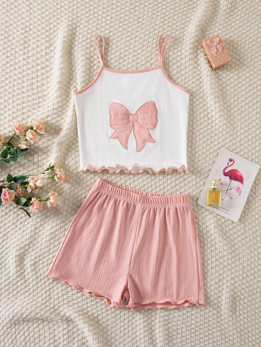Girls' Cute Pink Bow Embroidered White Camisole And Pink Casual Cute Comfortable 2 Pieces Pajama Set Girls Night Summer - Pink - View 1